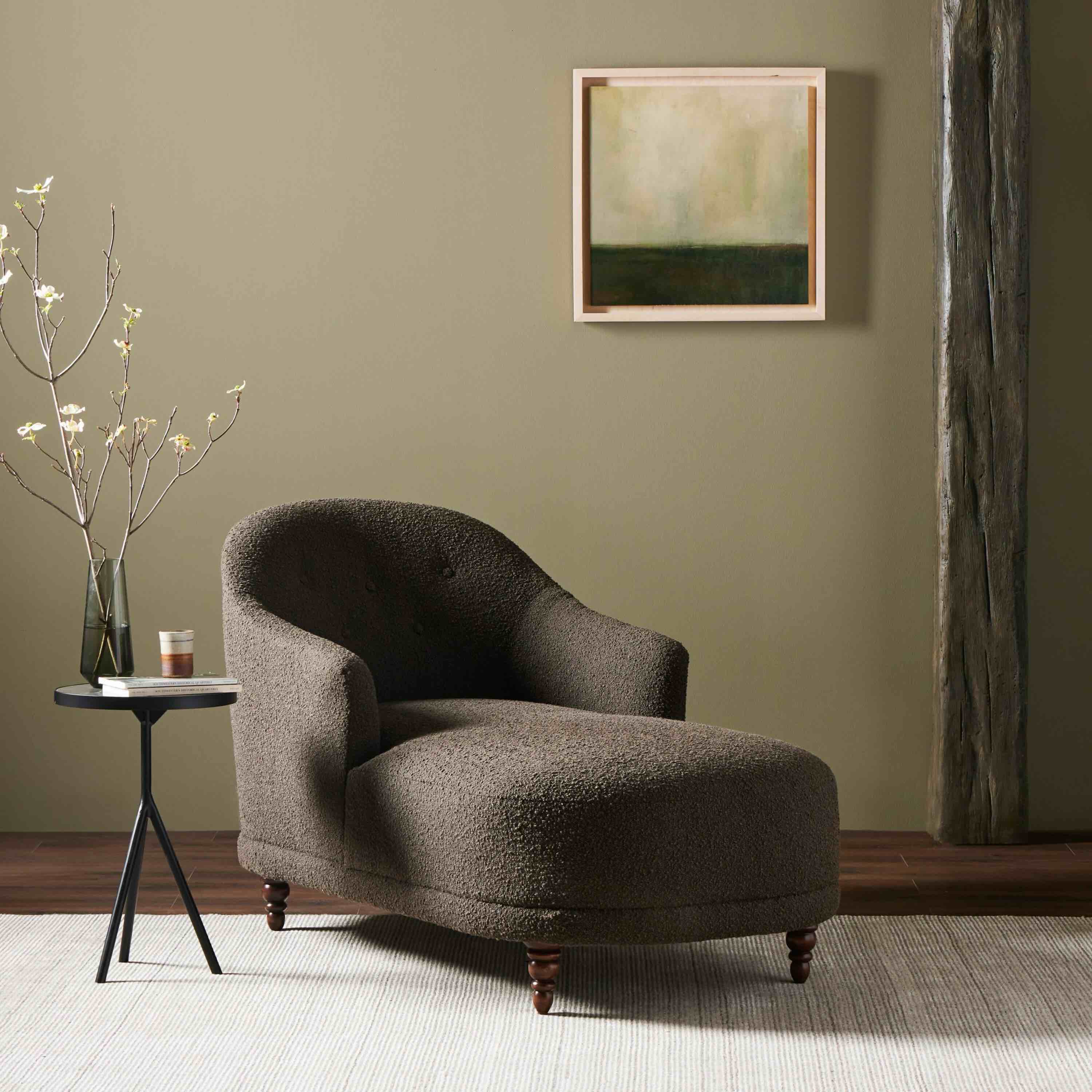 Fernmere Mink Brown Boucle Chaise Lounge with Rich Cherry Spindle Legs. Width: 32" Height: 35" Depth: 61”