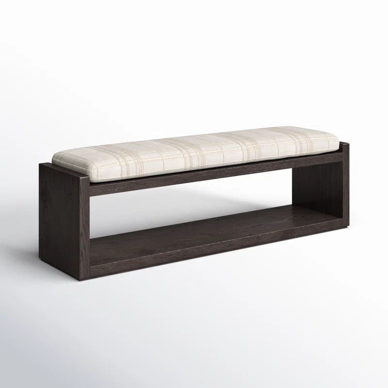 Crestfield Oak Wood Bench with Open Base Storage and Sheffield Ivory Crosshatch Stitched Cushion. 1” Chip in base, small indent in left side of corner, otherwise sturdy, functional, rustic bench. 18.5'' H X 67'' W X 16'' D