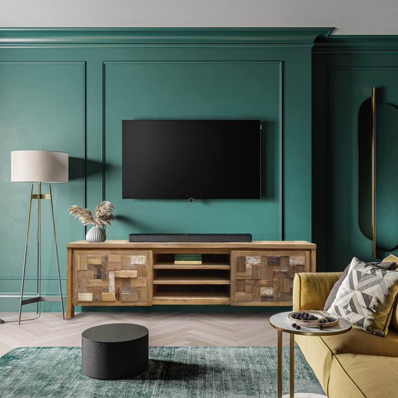 Chic Teak Andresen Media Console. Cosmetic scratch on right door, left door bottom hinge needs fixed, otherwise brand new. 2 Media Shelves, 2 Handleless Cabinet Doors, Handcarved Teak Wood TV Stand, 63'' W X 18'' D X 20'' H