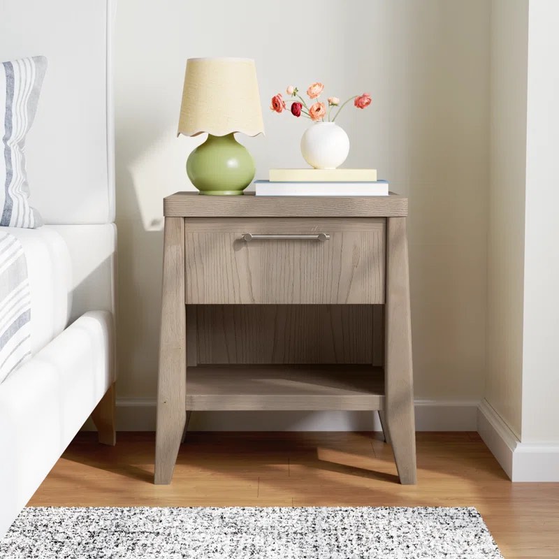 Lewis 1-Drawer Ash Wood Nightstand, Ginger Finish, Brass Handle, 24'' H X 22'' W X 18'' D, Set of 2