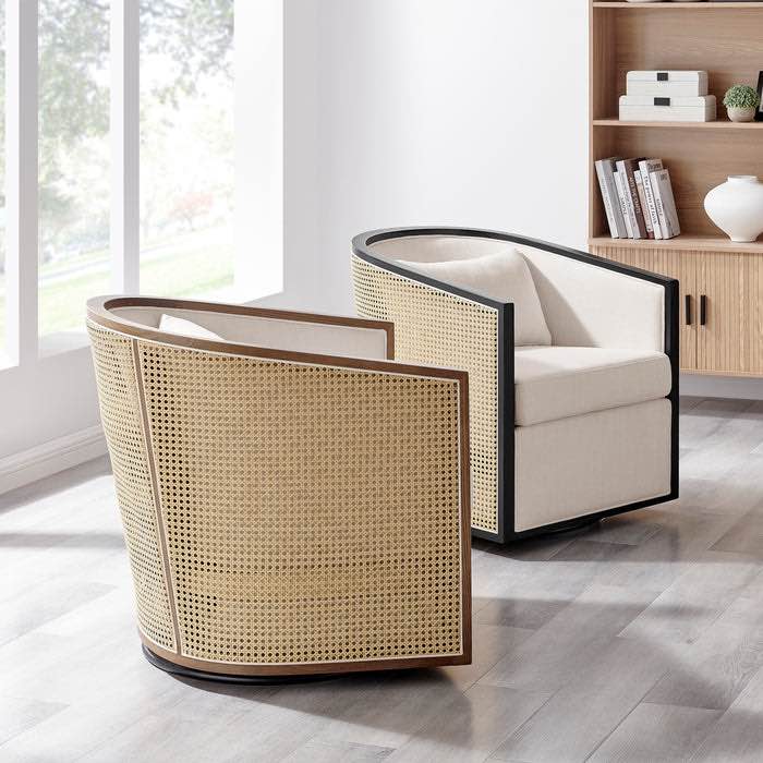 Marilyn Swivel Accent Arm Chair, Natural Cane Webbed Wicker Barrel Chair with Black Rubberwood Frame, Linen Cushioning in Shortbread, Pillow included. 
