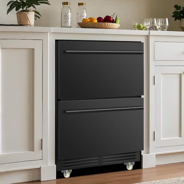 24 in. 180-Can Dual Drawer Built-in Single Zone Black Stainless Steel Beverage Refrigerator 4.9 cu. ft. with Caster