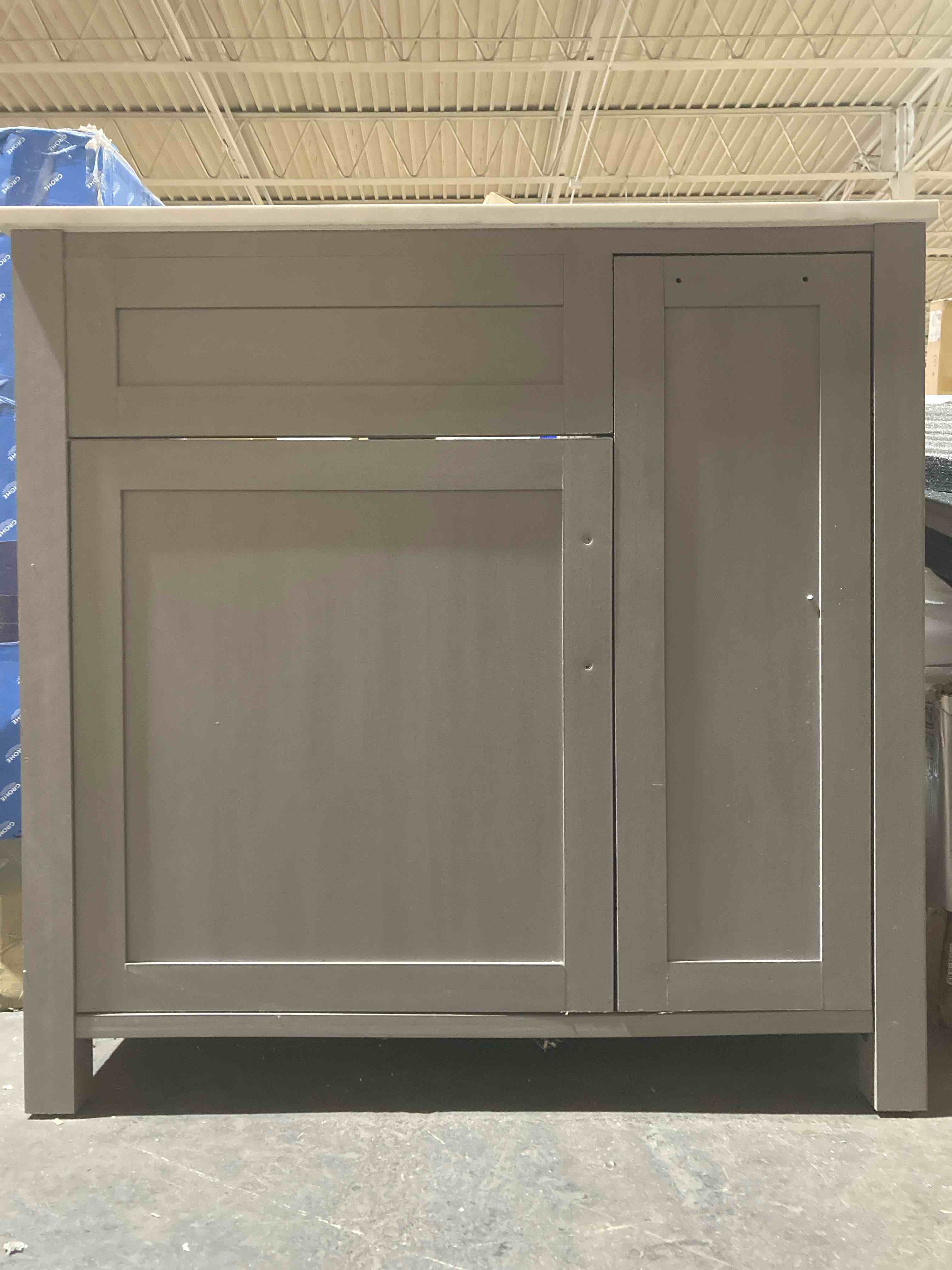 Classic Single Bathroom Vanity, Gunmetal Grey, 1 Cabinet, 1 False Cabinet, 1 Panel, Left of Center Sink Bowl Leaves Space for Products on Right, Stone Sink Top. 3 Whole Faucet System, Deep Sink Bowl. 37” W x 20” D x 36.3” H