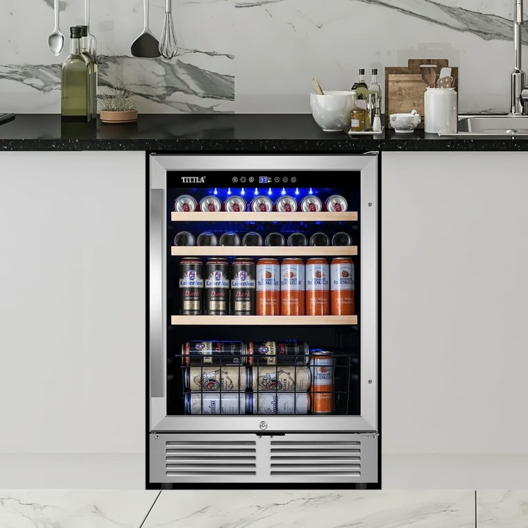TITTLA 24 Inch, 3 Rack + 1 Basket Beverage Cooler,180 Cans,Built in,37°-65°F, Low Noise, Energy Saving, Silver. Tested- Working Condition Verified