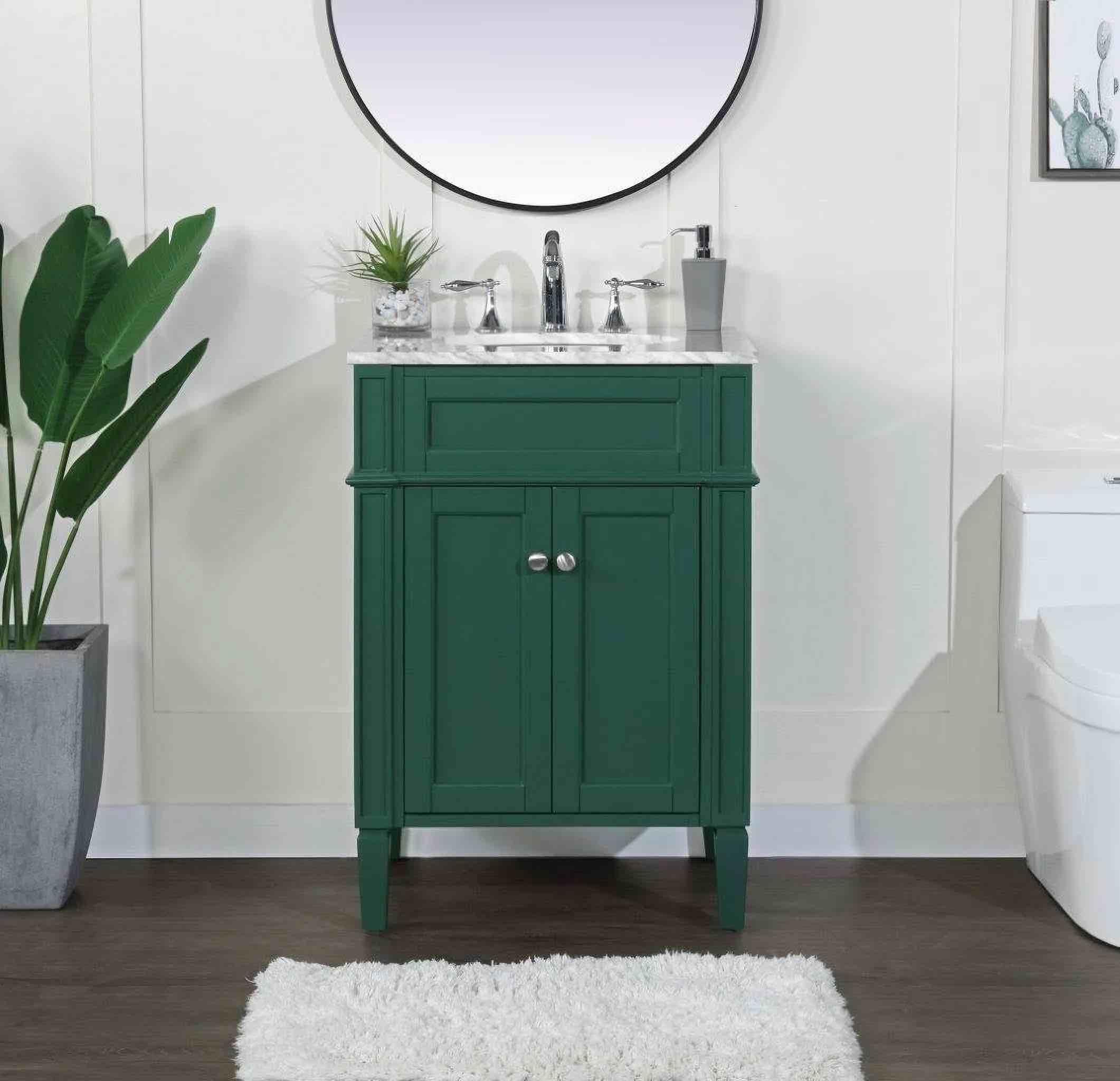 Elegant Lighting Green 24 inch Single Bathroom Vanity with 1 Shelved 2 Door Cabinet, White Marble Sink Top, Silver Knobs. Depth:21.5 in. Height:35 in. Nominal Width:24 in. One small chip in sink top corner, hairline crack along the top, otherwise brand new condition