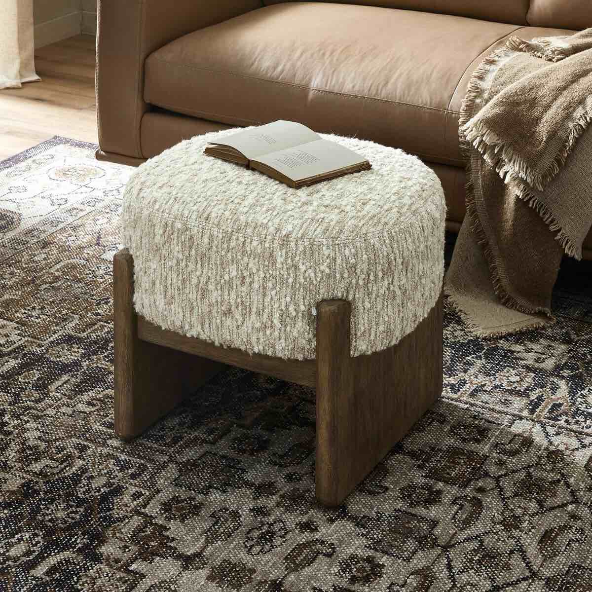 Kirby Solema Cream Boucle Cushioned Accent Stool with Thing Parawood Leg Base, 22.50"w x 20.50"d x 20.25"h