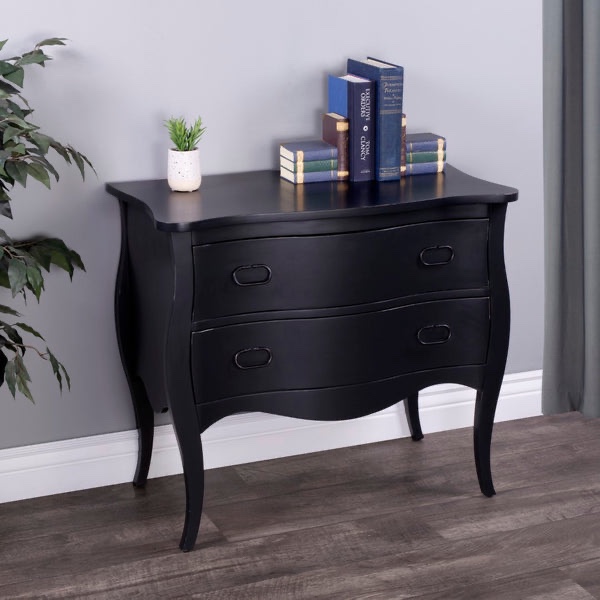 Rochelle Black 2 Drawer Mango Wood Chest with Black Metal Handles, Curved Legs, Light Distressing on Drawer Edges. Small chipping to left back corner otherwise brand new