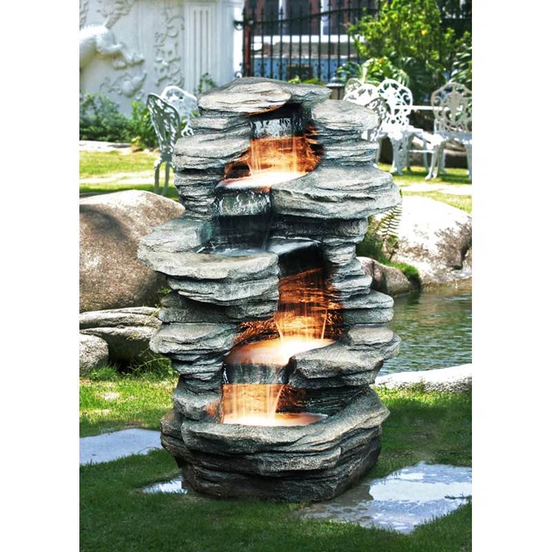 Hi-Line Gift Ltd. Four Level Indoor/Outdoor Poly Resin Natural Appearance Rock Fountain With Halogen Light. 3.5’ Tall, 1.8’ Wide 