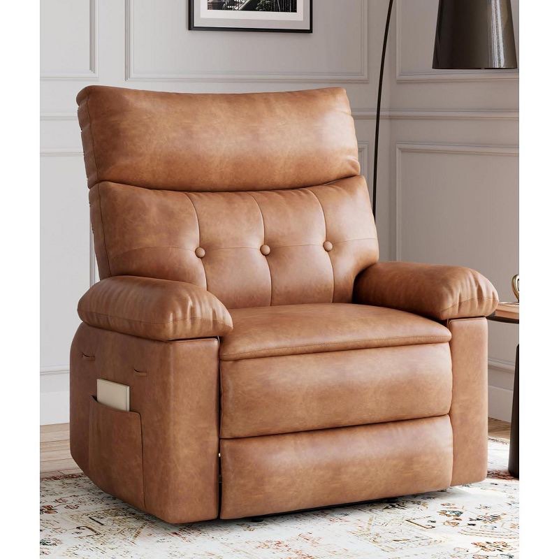 Oversized Vegan Leather Wide Recliner Chair in Caramel Brown. Tufted, has deep set cushioning. 