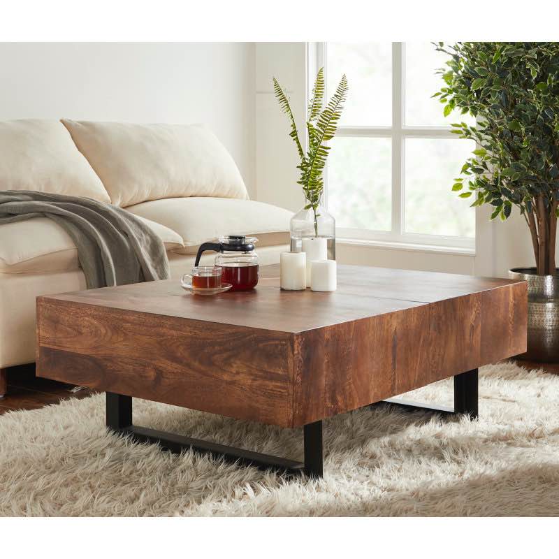 Mullins Extendable Sled Coffee Table with Storage in Walnut with Metal Black Leg Bases, 42” W x 16” H