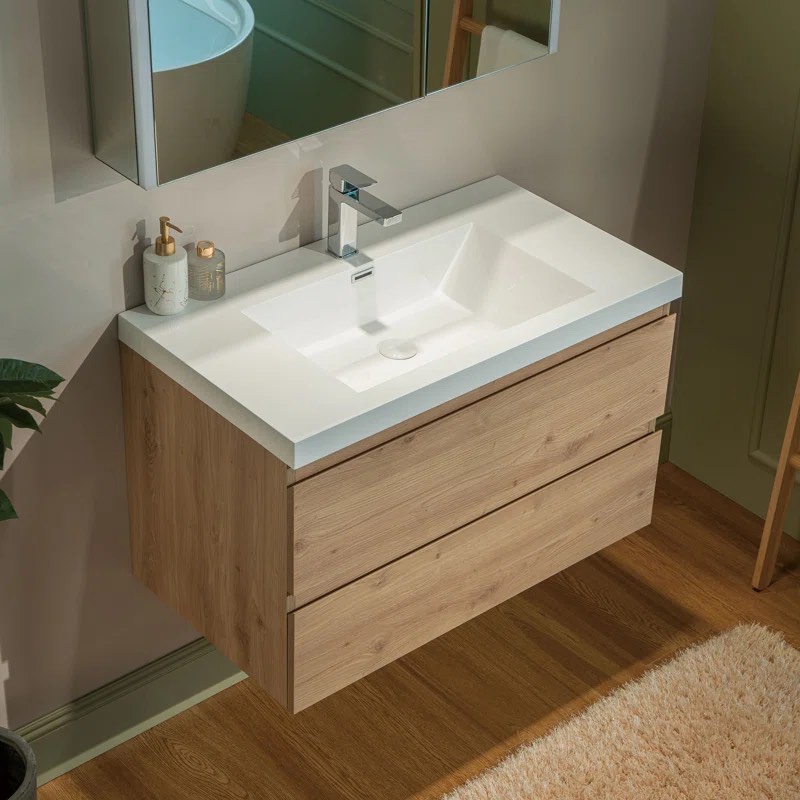 35.4 in. W x 19.6 in. D Natural Oak Wall Mounted Floating 2 Drawer Vanity with Resin Composite Vanity Top, Inlet Handles