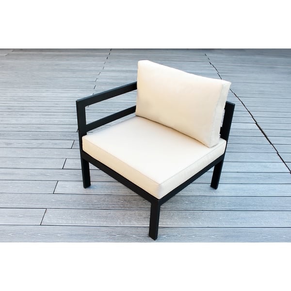 Ohana Outdoor Collection, Modular Corner Chair Loveseat. 2 Weather resistant black aluminum corner chairs with Beige Patio Cushions