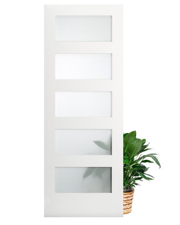 5 Frosted Glass Panel Shaker Style Interior Door, Crack on left side edge, small damage to top corners, Glass panels in brand new condition. 32” W x 80” Tall
