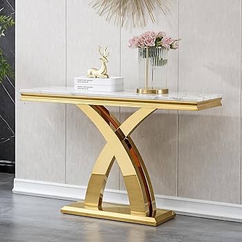 Modern Entryway Table with Intricate Shining Gold Pedestal Base and Silver Table Top, 42” L x 18” W x 28.5” H