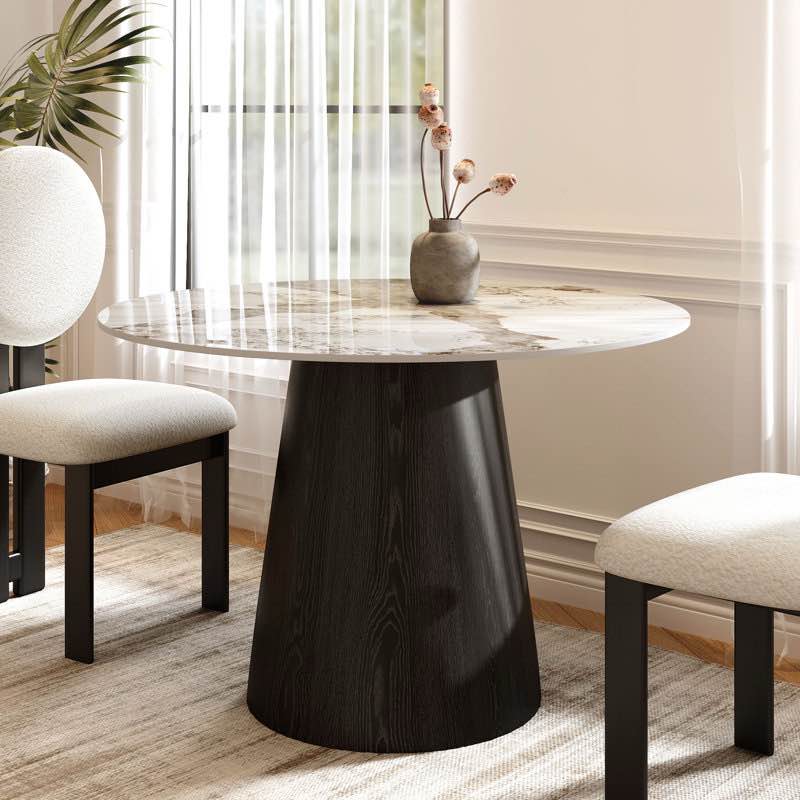 Orren Ellis Nordic style simple round dining table, Dark Walnut Base, Marble Painted Acrylic Coated Wooden Table Top. 47” W x 27” H