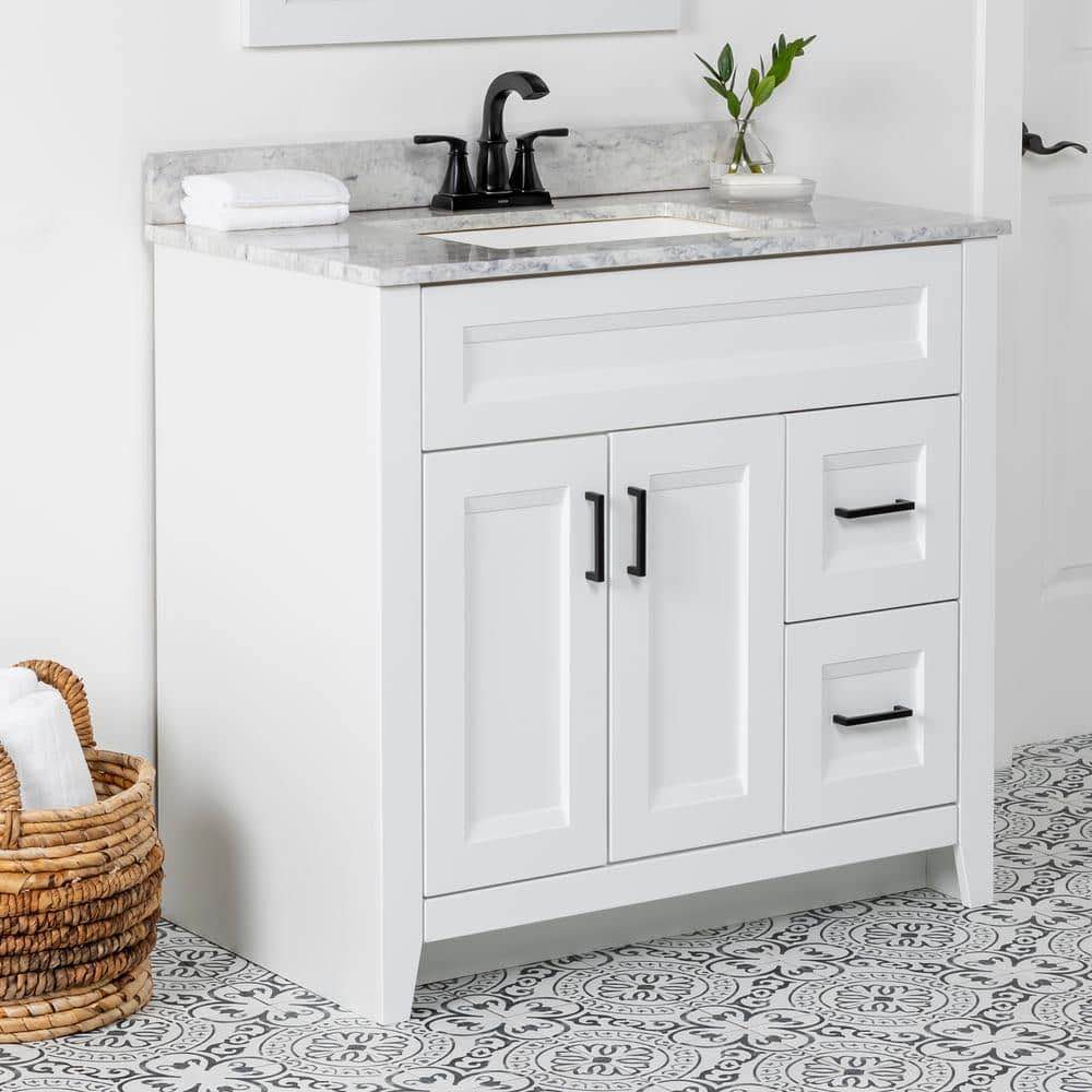 Ridge 36 in. W x 22 in. D x 34 in. H Bath Vanity without Top in White, 2 Drawers, 2 Door Open Space Cabinet, Matte Black Handles