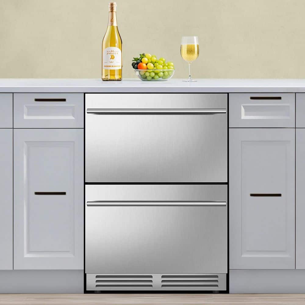 23.4 in. 230 Plus Cans Dual Zone Beverage Refrigerator with 2-Drawers in Silver Stainless Steel Built-in Beverage Cooler