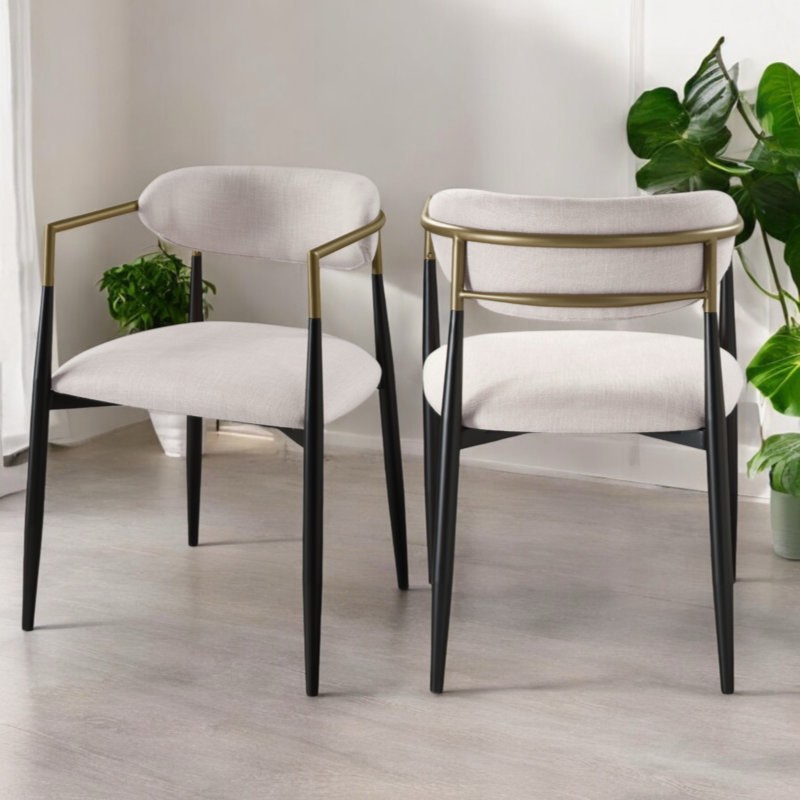 Jaramillo Cream Boucle Chairs with Metal Black Legs and Brushed Gold Arms and Back Frame, Set of 4