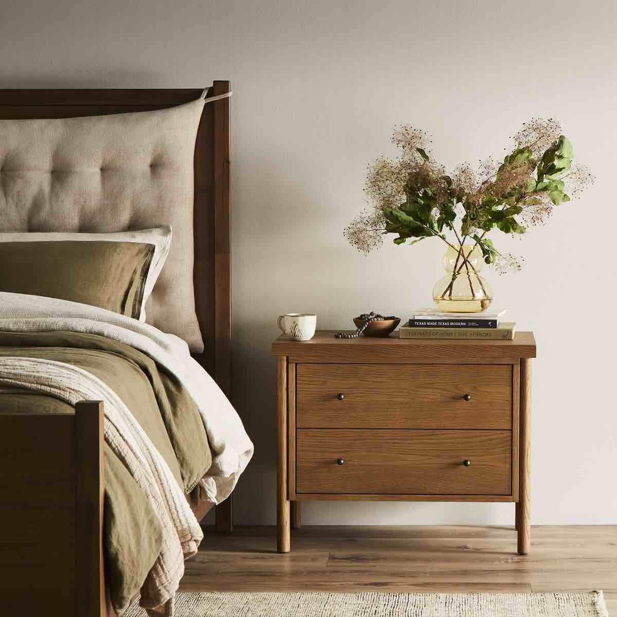 Roark 2 Drawer Nightstand in Amber Oak. Handles need replaced, small chip in top left corner. 30.00"w x 17.00"d x 24.00"h