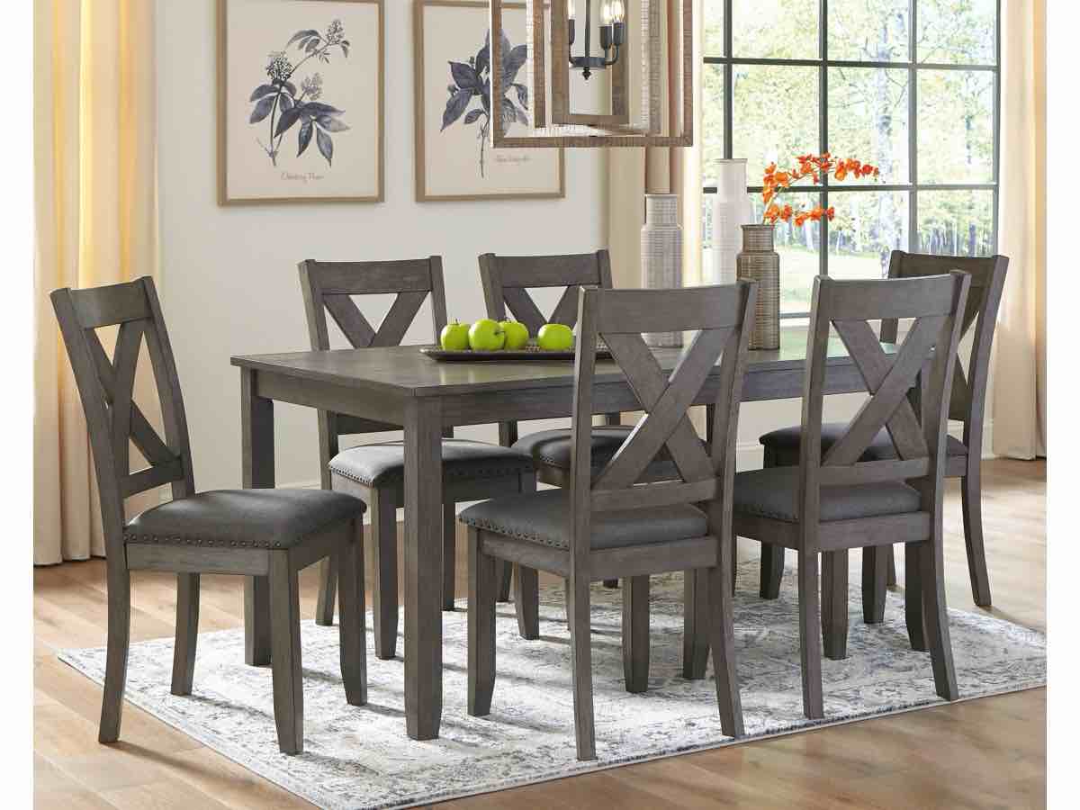 Caitbrook Dining Table and 6 Chair Set, Acacia Wood Frame, Antique Grey Finish, Dark Grey Cushioning, Farmhouse style. 