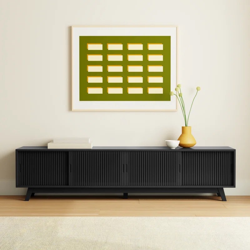 Burton 79'' Media Console Acacia TV Stand, Black Finish, 4 Cabinet Doors with Single Shelf, Modern Slatted Doors. Right center door has some breakage, minor scuffing on top edge, otherwise good quality tv stand. 79'' W X 16'' D X 20'' H
