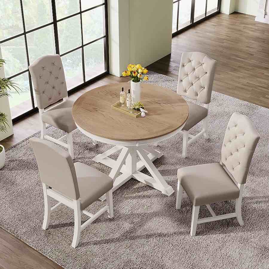 ModernLuxe Style Oak Wood Dining Chair Set, Cross Legged Off White Oak Wood Dining Table Base and Natural Oak Wood Table Top, Set of 4 Tufted Cream Chairs, Off White Painted Legs and Back Frame