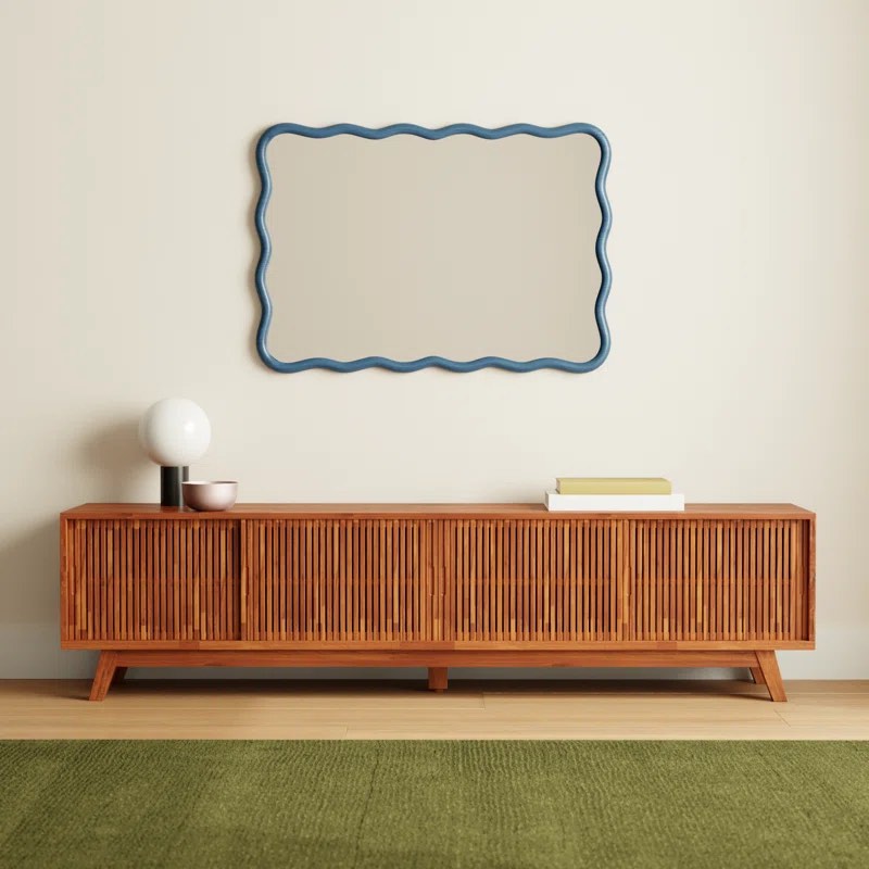 Burton 79'' Media Console, Acacia Wood TV Stand with 4 Cabinet Doors, Single Shelf, Modern Slatted Sliding Doors. Some center left door slats are broken, some scratches on top, otherwise quality tv stand. 79'' W X 16'' D X 20'' H