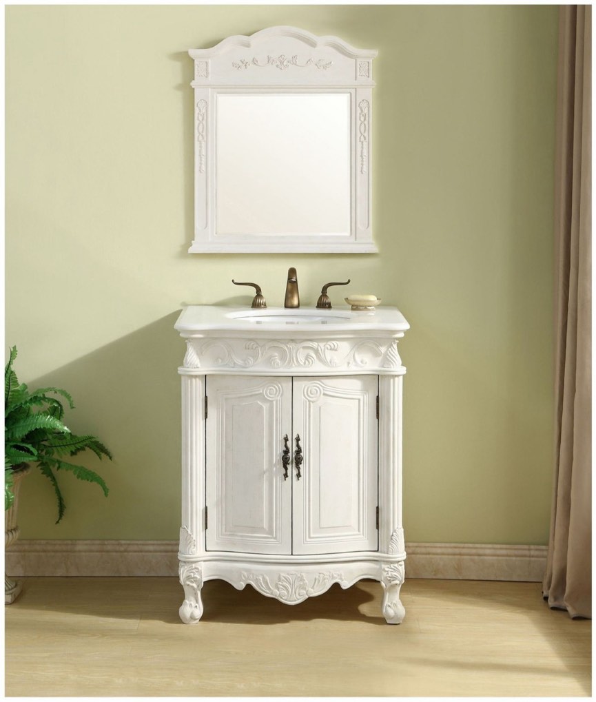 Danville 30" White Floral Carved Tall, Single Bathroom Vanity Cabinet with 2 Doors, Antique Bronze Handles, and Solid White Quartz Stone Sink Top. Width: 27" (left to right) Vanity Height: 35" (top to bottom) Vanity Depth: 21" (front to back)