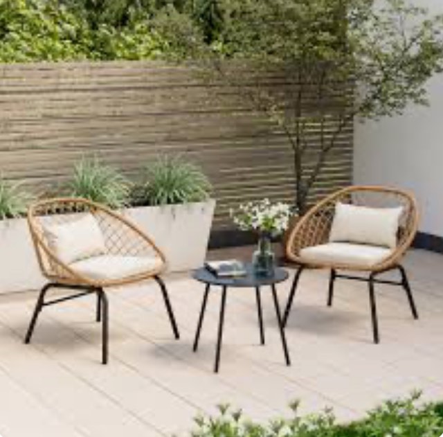 3 Piece Patio Bistro Rattan Chair & Table Set with Cushions