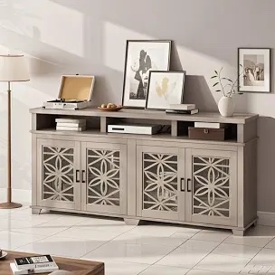 farmhouse tv stand for 80 inch, mid century modern entertainment center with led lights and storage, wooden media console cabinet furniture with glass door for living room bedroom