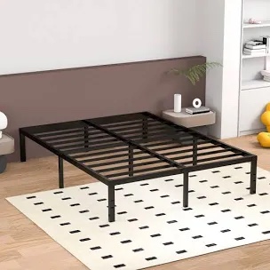 14" Black Metal Bedframe With Headboard Compatible Platfom Bed