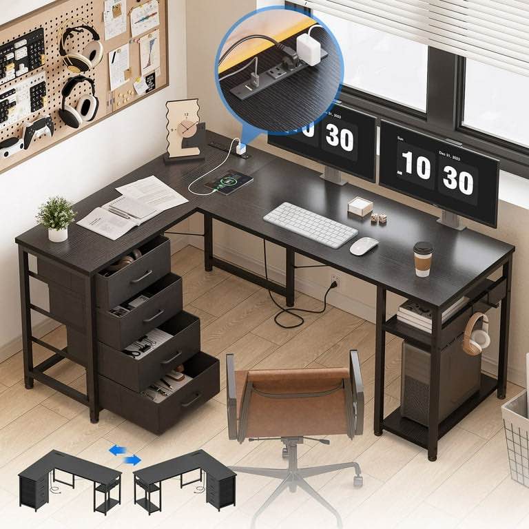 reversible modern simple style l shaped desk with charging station and drawers, pure black