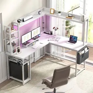 Bianco L-Shaped Desk with Hutch & Power Outlet, Gaming Desk Corner Computer Desk with Led Lights