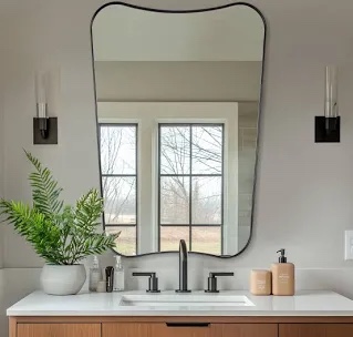 concave top rectangle irregular scalloped bathroom vanity mirror asymmetrical mirror in stainless steel metal frame