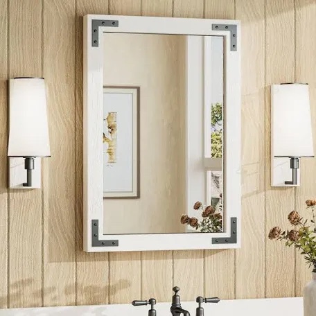 vocalstar white wood framed mirror 18 x 26 inch, rustic natural white wooden rectangle bathroom vanity wall mirror for farmhouse boho decor, 1/4-inch shatterproof glass | waterproof