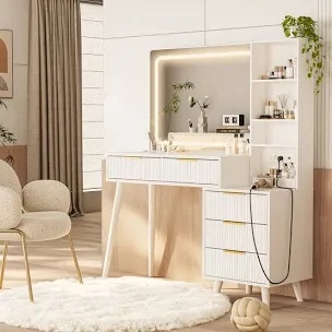 44" Vanity Desk with Mirror and Lights, Makeup Table with Fluted Storage Drawer, Cabinet, 3 LED Lights Modes, Power Outlet for Bedroom