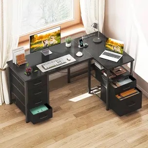 L- shaped Desk With 5 - tier Under - desk Drawers, reversible Desk 