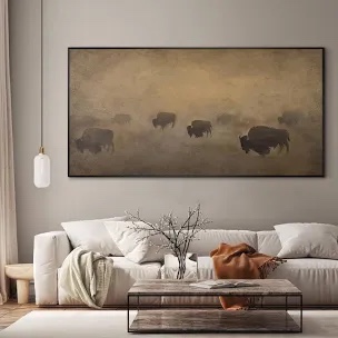 Buffalo Herd in Hazy Landscape Rustic Western Extra Large Wall Art 
