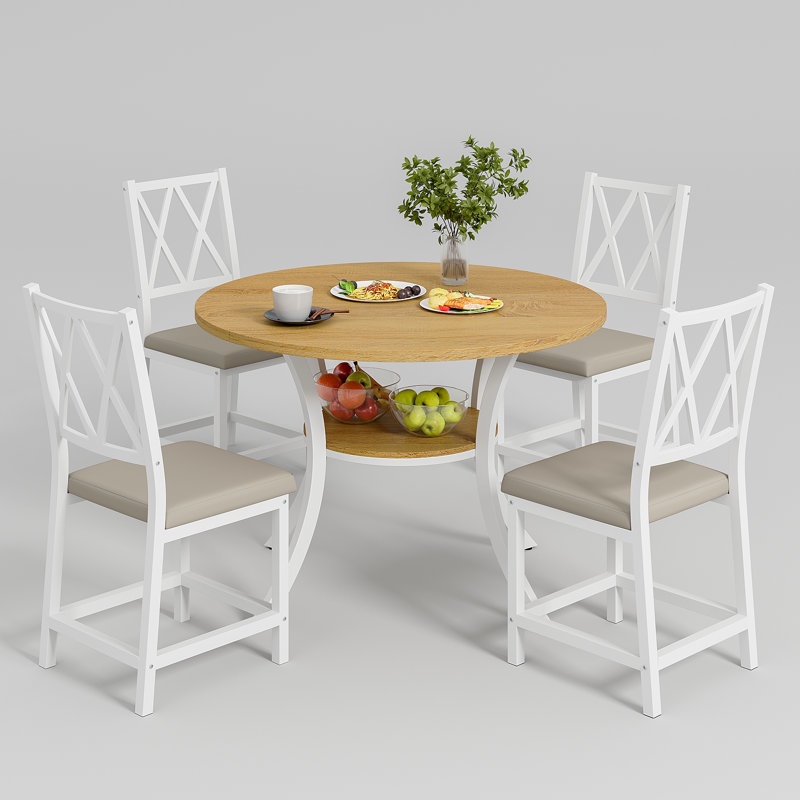 5 Pieces 35.4’’ Transitional Style Round Dining Table Set, Extendable Folding Kitchen Dining Table Set For 4 With 4 PU Upholstered Dining Chairs