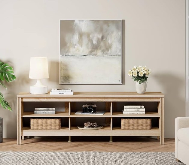 Wampat LED TV Stand for TVs up to 100 Inch, 16 Changeable LED Lights Wood Entertainment Center with 6 Cubby Storage for Living Room, Bedroom, Black