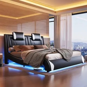 Floating Bed Frame with LED Lights, Modern Faux Leather Upholstere