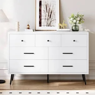 Item Descriptions DWVO White 7 Drawer Dresser, 47" W Large Double Dresser Chest of Drawers, Modera Wood Storage Organizer with Black Metal Handles & Anti-Tipping Device for Hallway, Entryway