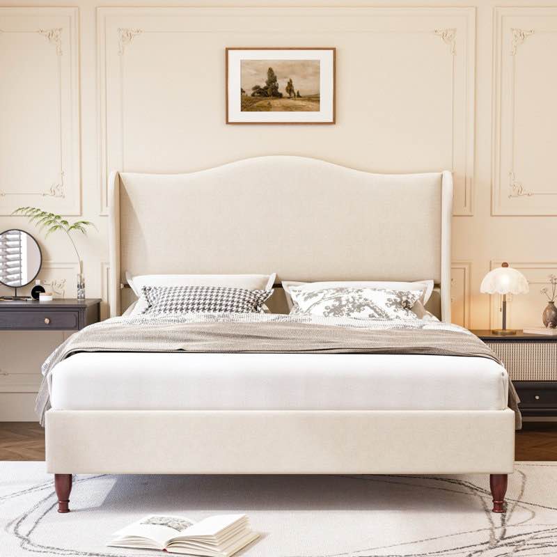 King Size Wingback Platform Bed Frame with Tall Headboard-Beige