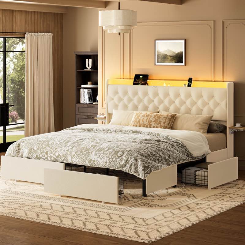 Upholstered King Platform Bed with 4 Storage Drawers, Storage Bed with LED light & Charging Station, Velvet Tufted Headboard with Adjustable Bedside Tables, No Box Spring Needed, Beige