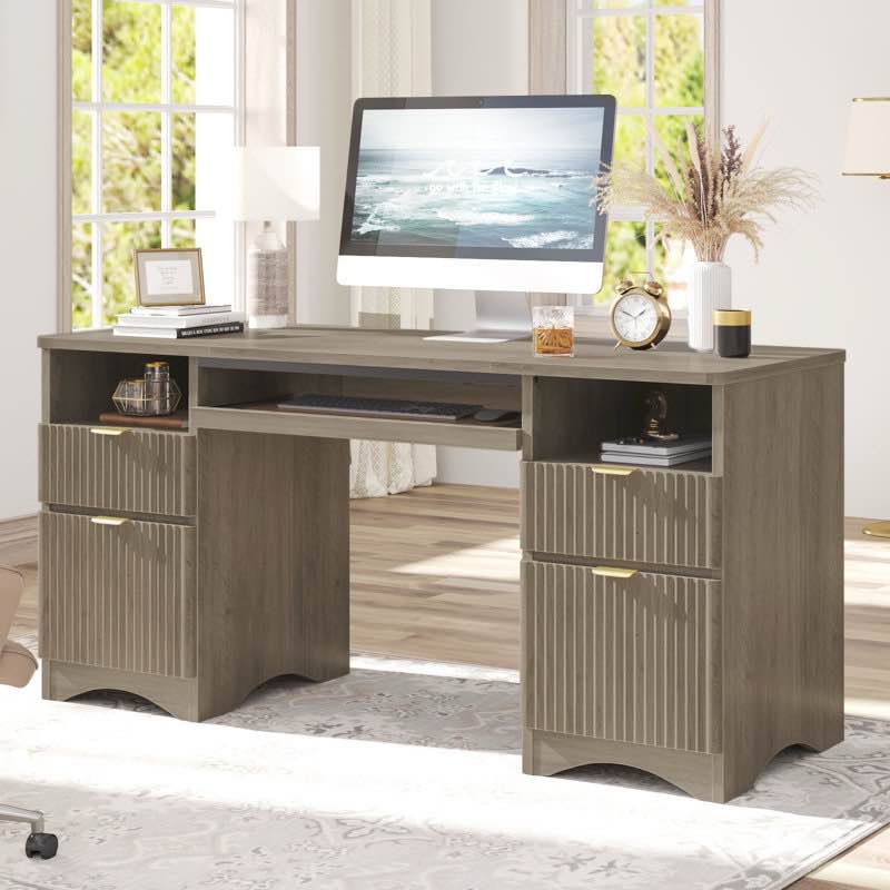 Luing 59''Fluted Executive Desks with File and Storage Drawers , Computer Writing Desk with Keyboard Tray, Home Office Desks with Cable Management and 2 Open Compartments