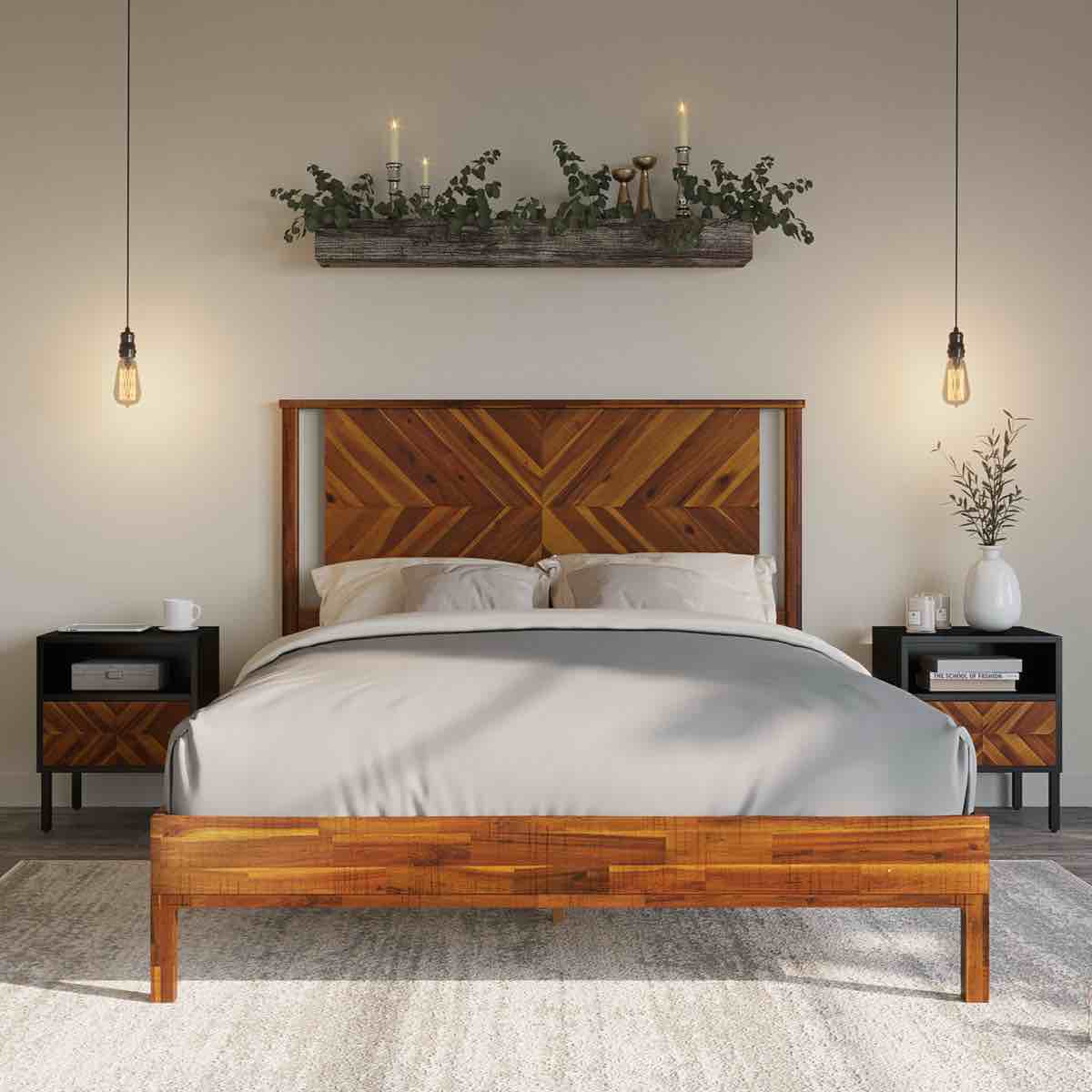 Vivian DELUXE Platform Bed Frame with Headboard – Acacia Wood Queen