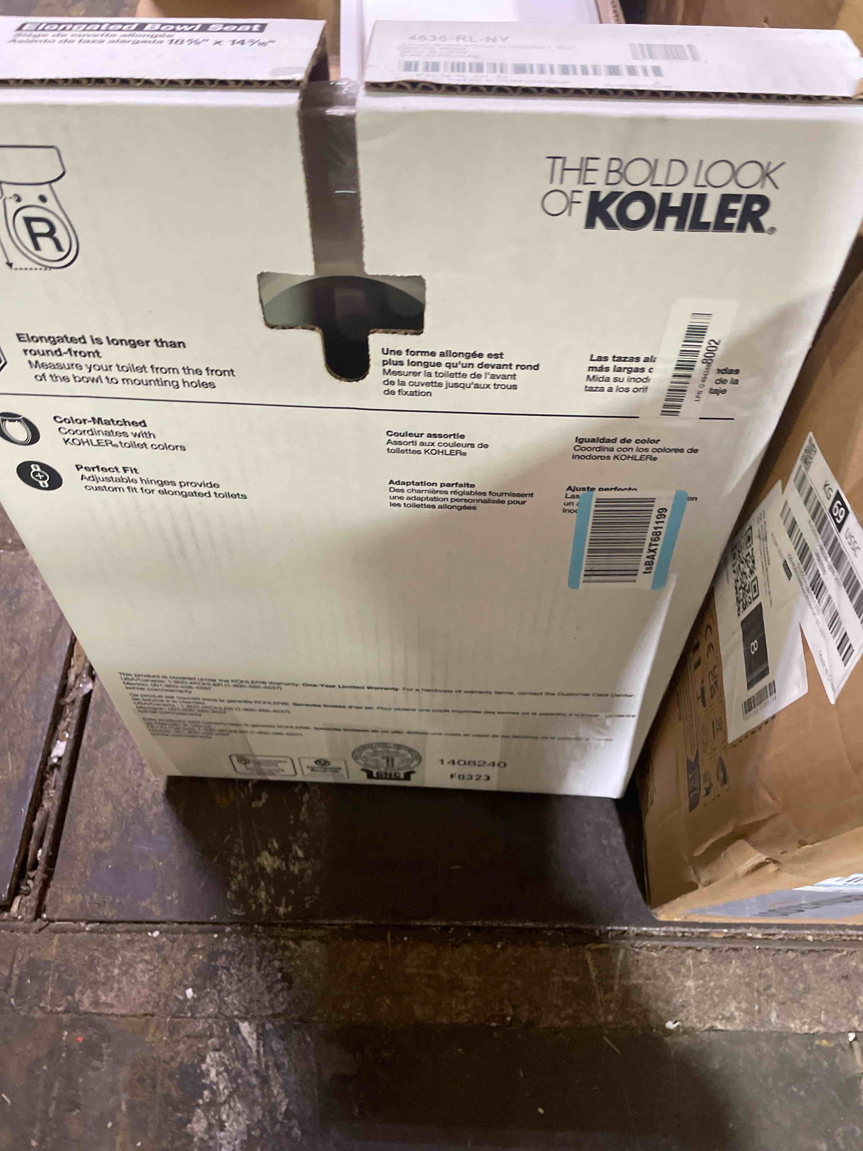 Condition photo showing New/Like New for kohler 4636-rl-ny cachet readylatch elongated toilet seat, quiet-close lid and seat, countoured seat, grip-tight bumpers and installation hardware, dune