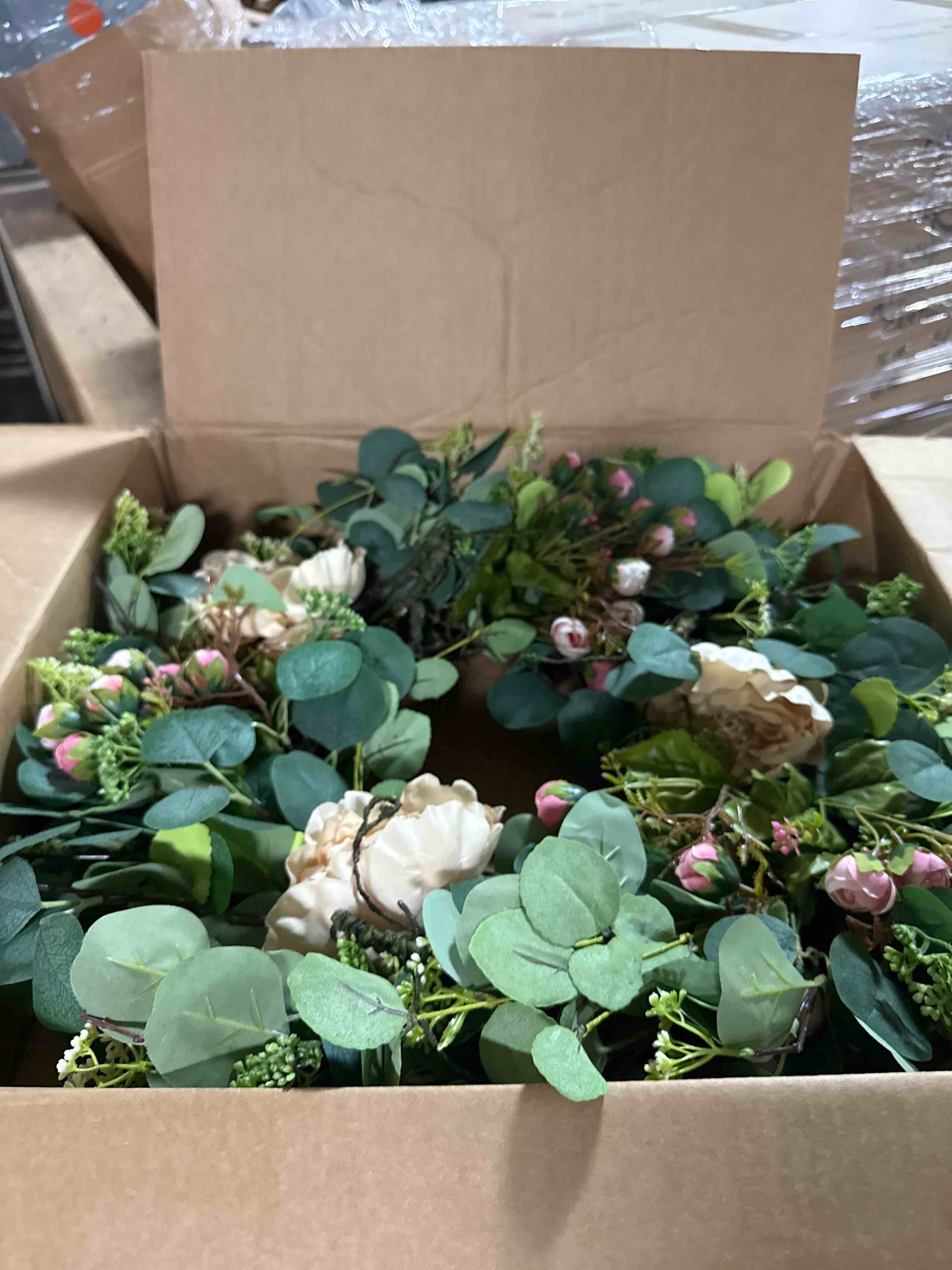 Condition photo showing New/Like New for 24" spring flowers green leaves wreath for front door, greenery wreaths, decorative door flower wreath, 24 "w x 24 "h x 6 "d, hanging decorations for livingroom