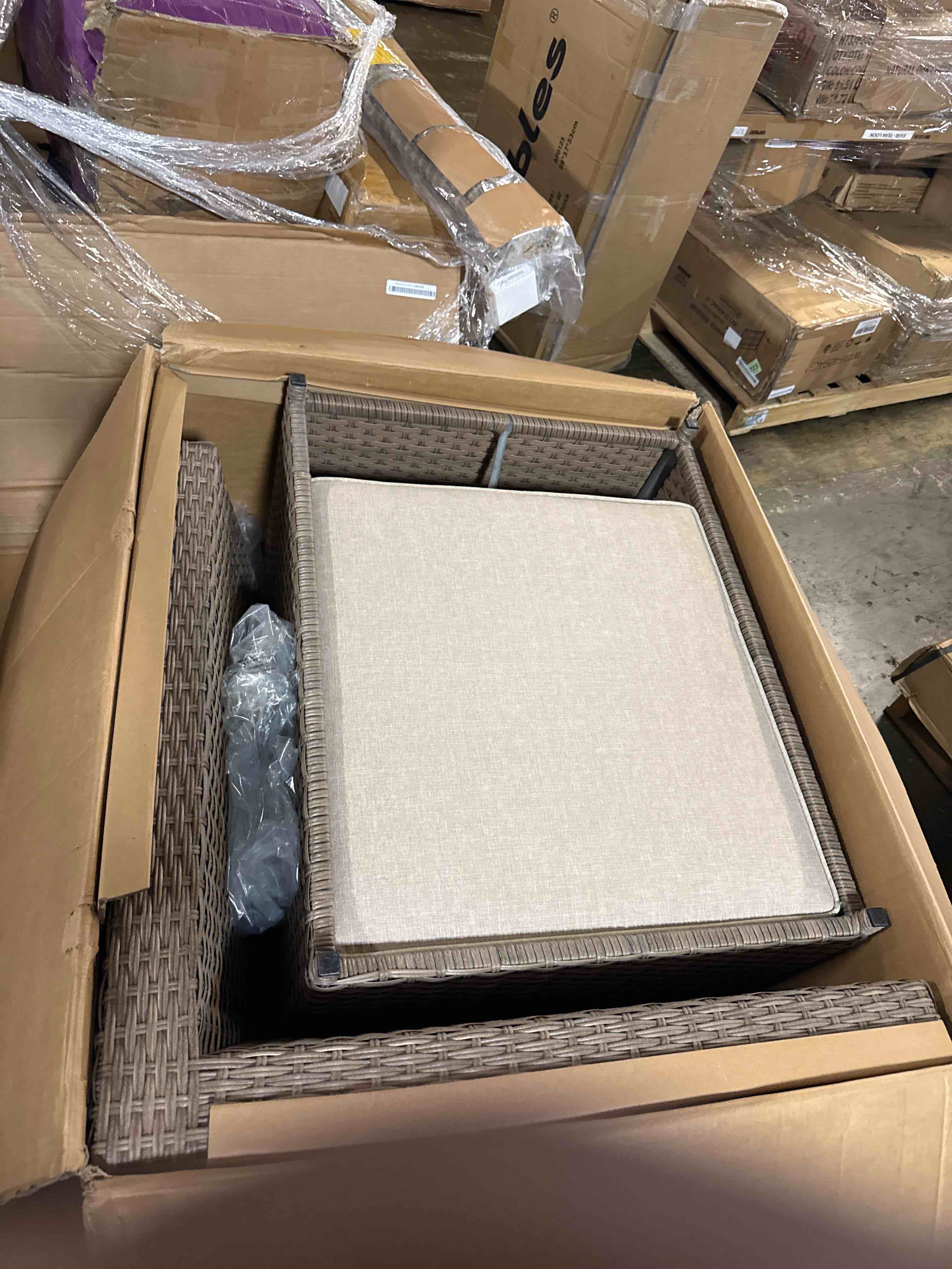 Condition photo showing As Is for 6 pieces patio furniture set, outdoor sectional wicker sofa with thickened cushions and coffee table, high back rattan patio conversation sets for garden backyard, khaki(corner seat and armless chair only)