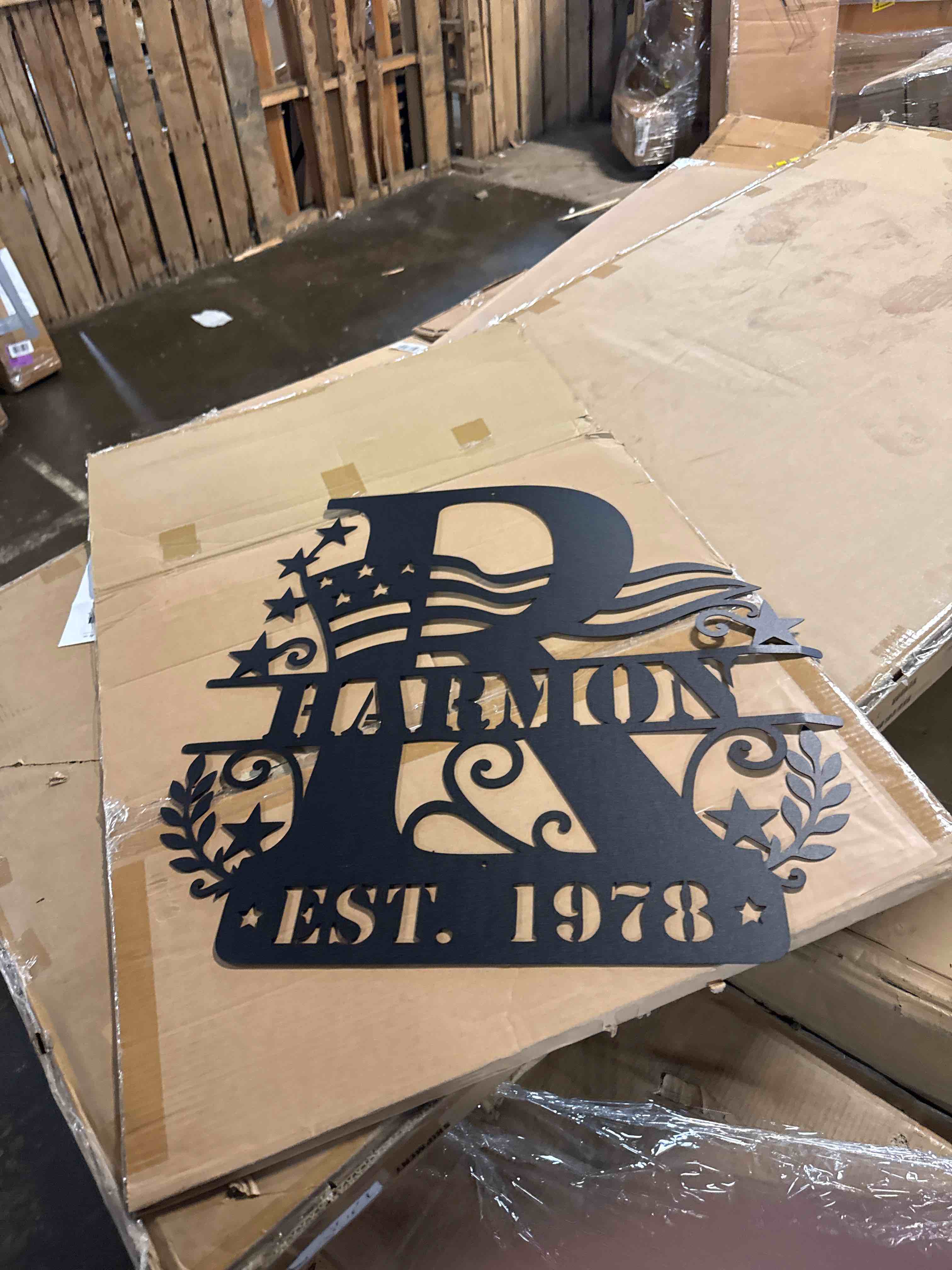Condition photo showing New/Like New for personalized metal monogram sign with custom family name and est year, outdoor initial letter wall decor for front porch, entryway, patio, garden, housewarming wedding (harmon)